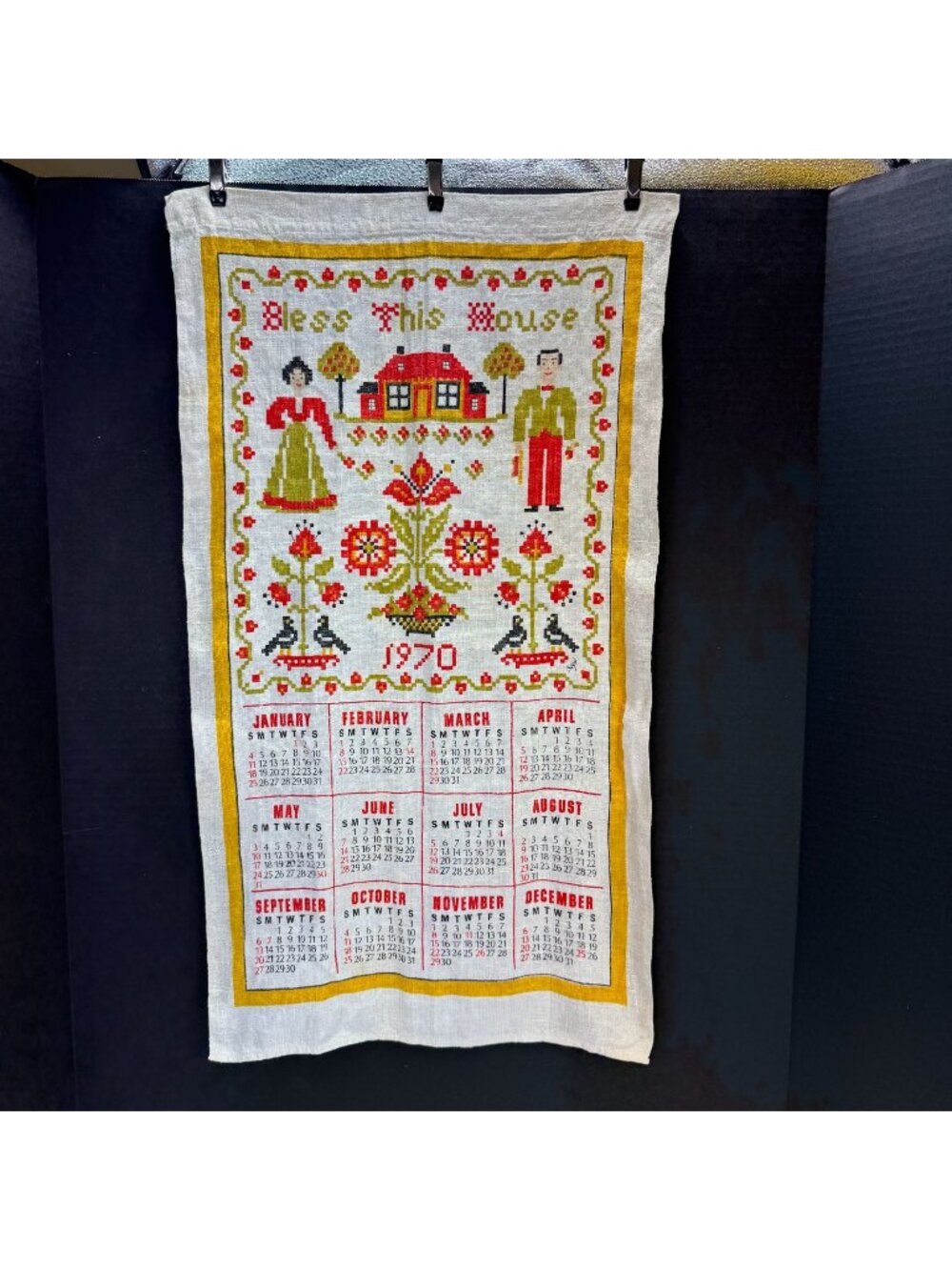 Vintage 1970 Bless This House Folk Art Design Linen Fabric Wall Calendar